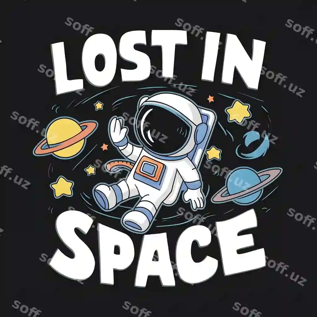 Futbolka dizayni matni yo'q joy chetki bo'sh joy kartina kartoon astronavt bo'sh joyda yulduzlar bilan o'rab turibdi | T shirt design text lost space image cartoon astronaut floating space surrounded by stars