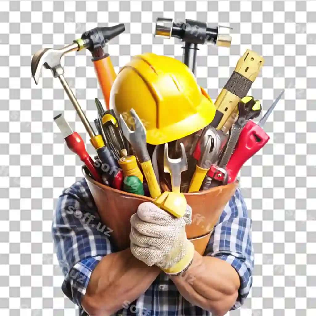 Qo'l qurilish asboblarini tutgan ajraltirilgan shaffof fon | Hand holding construction tools isolated transparent background