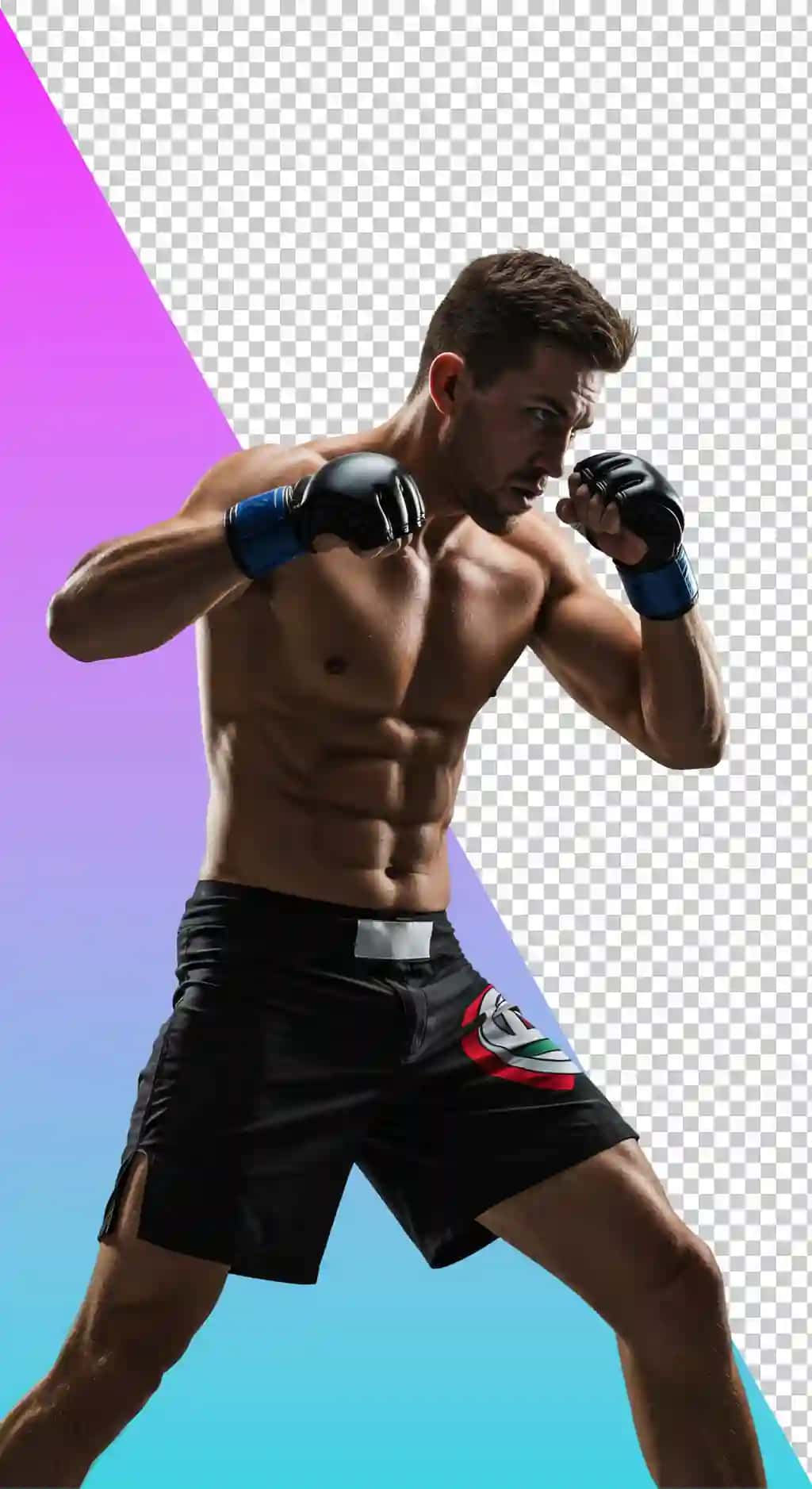 Ochiq koʻk rangli toʻq rangli shorti kiygan sportchi erkak bokschi jangovor pozitsiyasi | Athletic male boxer fighting stance wearing dark shorts lightblue