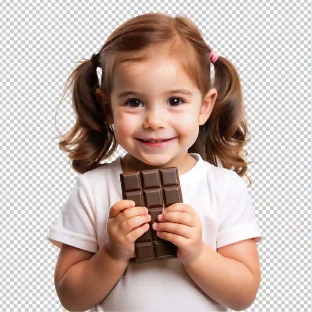Shokoladli shaffof fonda kichkina qoramag'iz bola | Little brunette kid holding chocolate transparent background
