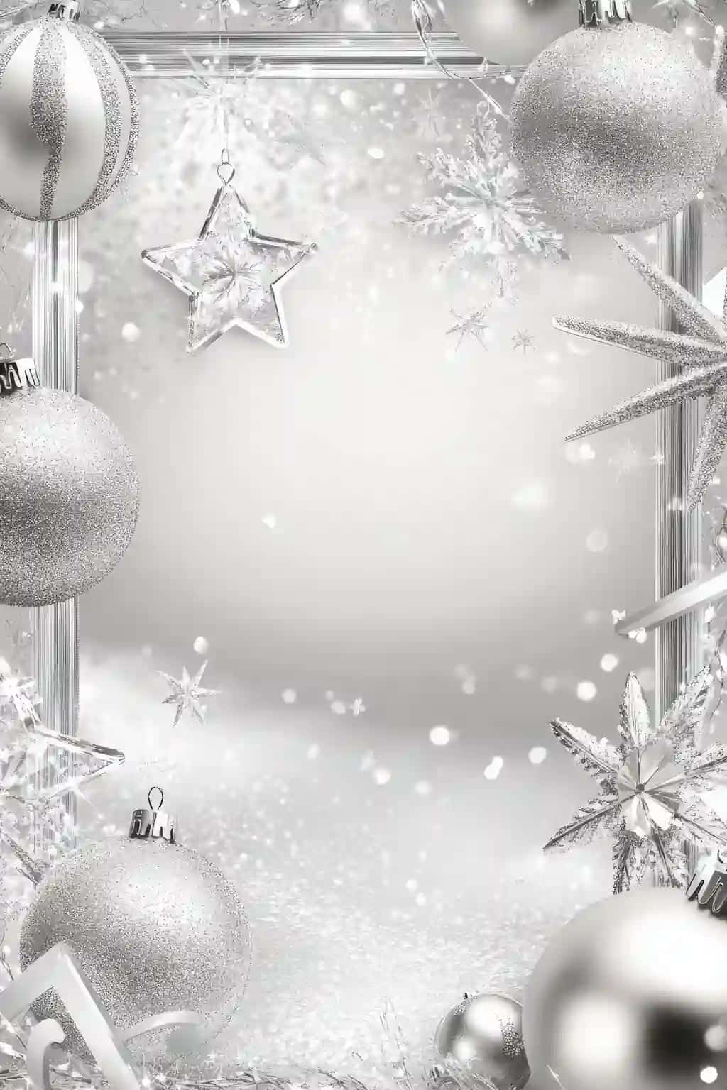 Yaltiroq yulduzlar bilan hoshiyalangan kumushrang rangli Rojdestvo shabloni. | Sleek silver christmas template framed with shimmering stars frosty snowflakes sparkling