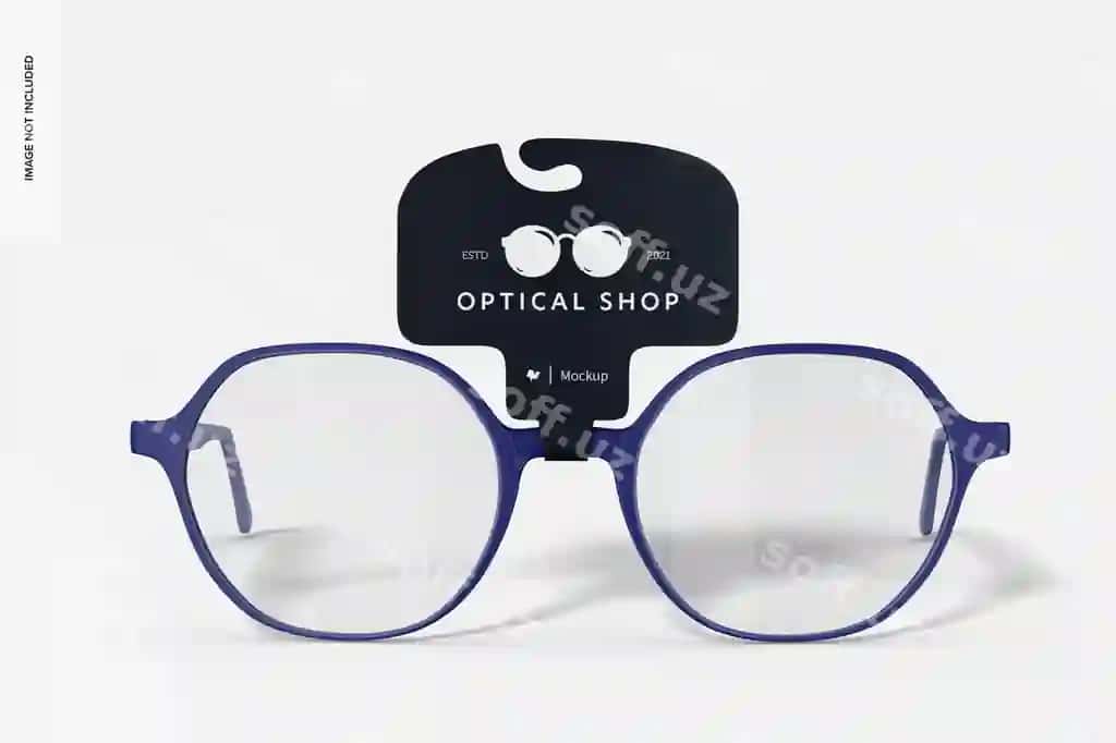 Etiketkali ko'z qo'lliqi namunasi old tomonga ko'rinish | Eyeglasses with tag mockup front view