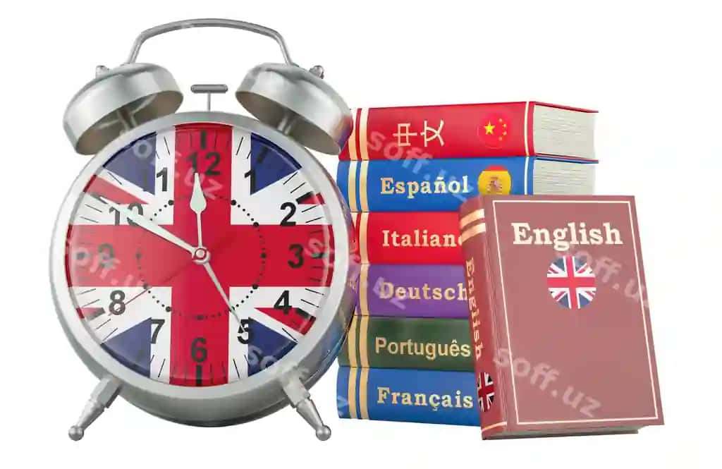 Budilnik bilan ingliz tili kursi darslari kontsept kitoblari vaqtni o'rganish | English course lessons concept books with alarm clock time learn