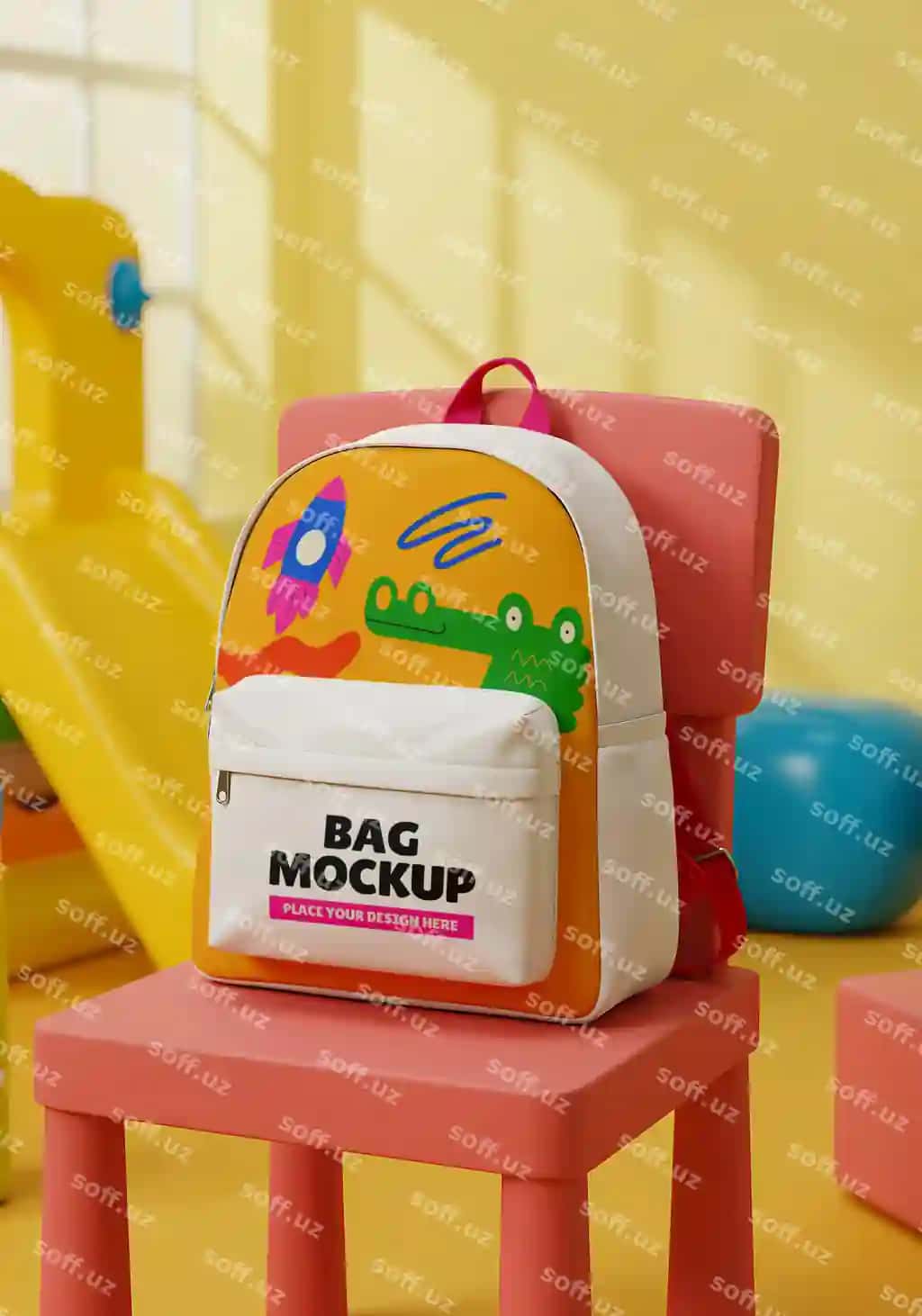 Raketa timsoh dizayniga ega rangli bolalar uchun ryukzak maketlari | Colorful backpack mockup kids with rocket crocodile design