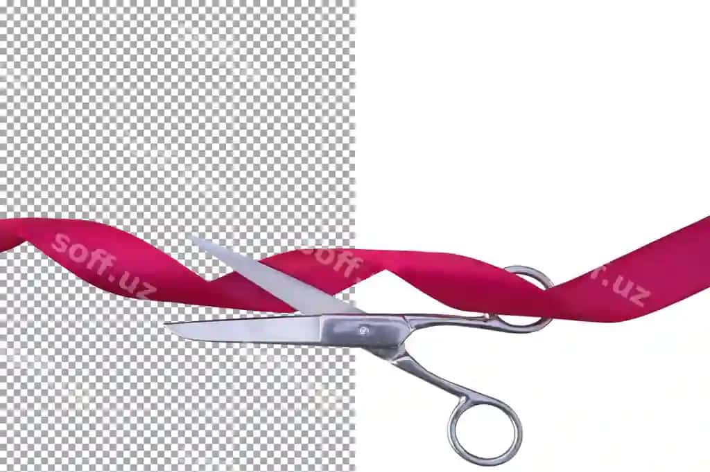 Qizil satyn lenta qisqich bilan shaffof orqa fonda | Red satin ribbon with scissors transparent background