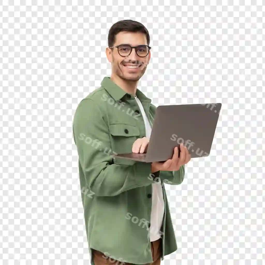 Masofadan turib ishlaydigan noutbukni ushlab turgan jilmayuvchi odam | Smiling man holding laptop working remotely
