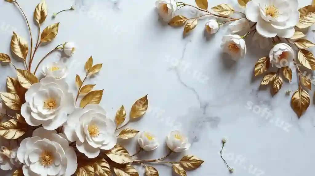 Oltin barglari bilan bezatilgan marmar bilan bezatilgan nafis guldasta | Elegant floral arrangement with gold leaves marble