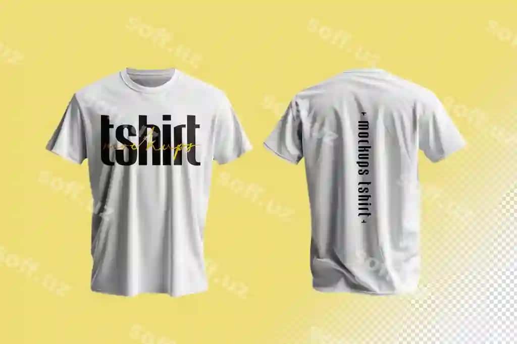 Maxsus futbolka maketi oq old orqa sariq fon | Custom tshirt mockup white front back yellow background