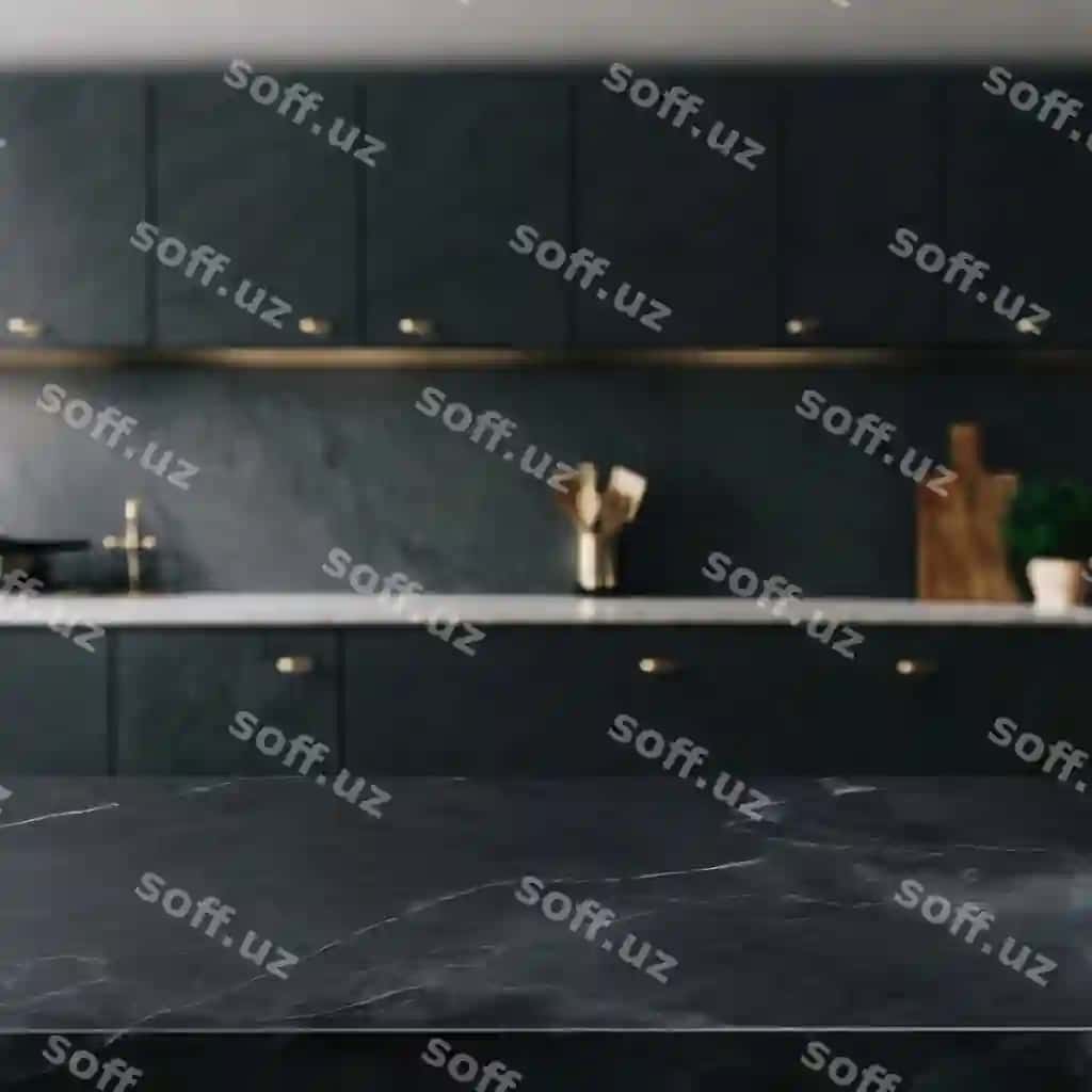 Qora marmar stol usti bulanik oshpazlik orqa fonda AI yaratilgan | Black marble tabletop blurred kitchen background ai generated