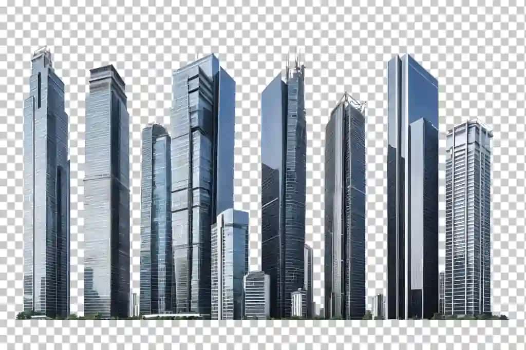 Shaffof fonda zamonaviy osmono'par binolarning silueti | Modern skyscrapers silhouette against transparent background