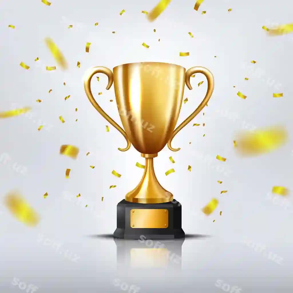 Realistik oltin tropy atrofida tushayotgan konfetti | Realistic golden trophy surrounded by falling confetti