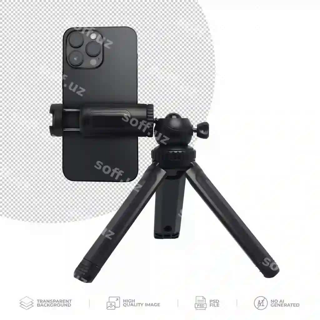 Zamonaviy smartfon ixcham tripodli shaffof fon bilan himoyalangan | Modern smartphone secured compact tripod transparent background