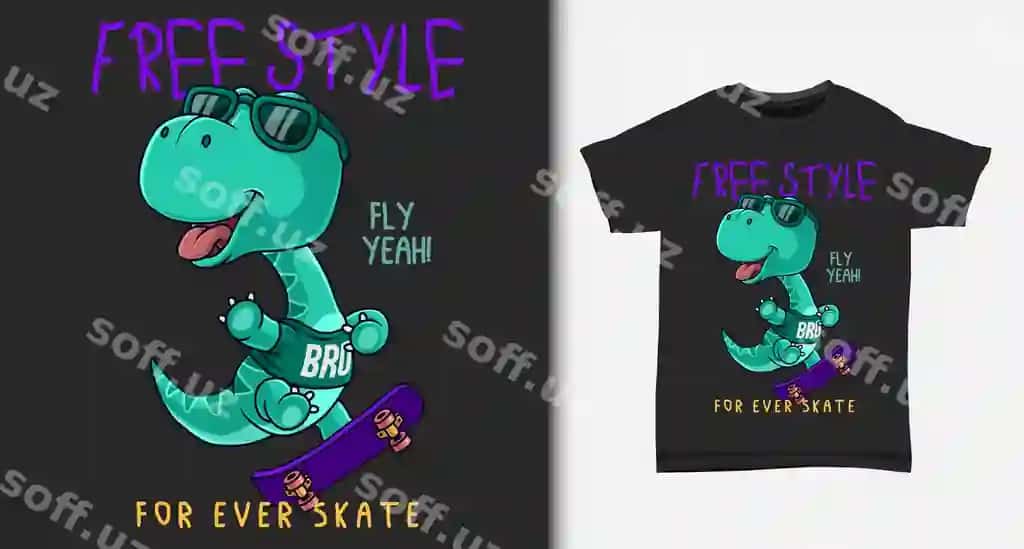 Ko‘ylak dizayni bilan skeytbord o‘ynayotgan ajoyib dinozavr | Cool dinosaur playing skateboard with t shirt design