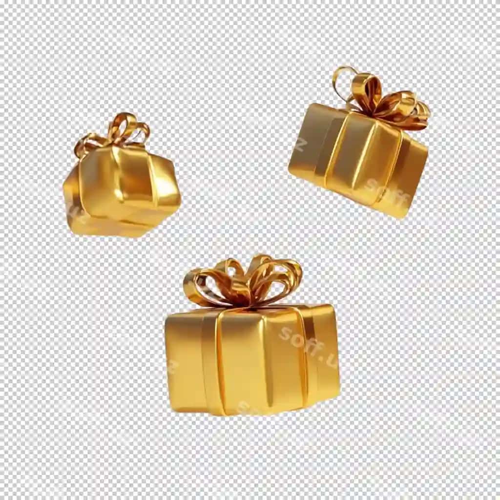 Izolyatsiya qilingan shaffof fonda lenta tushirilgan oltin rangli sovg'a qutilari | Golden gift boxes with ribbon falling isolated transparent background