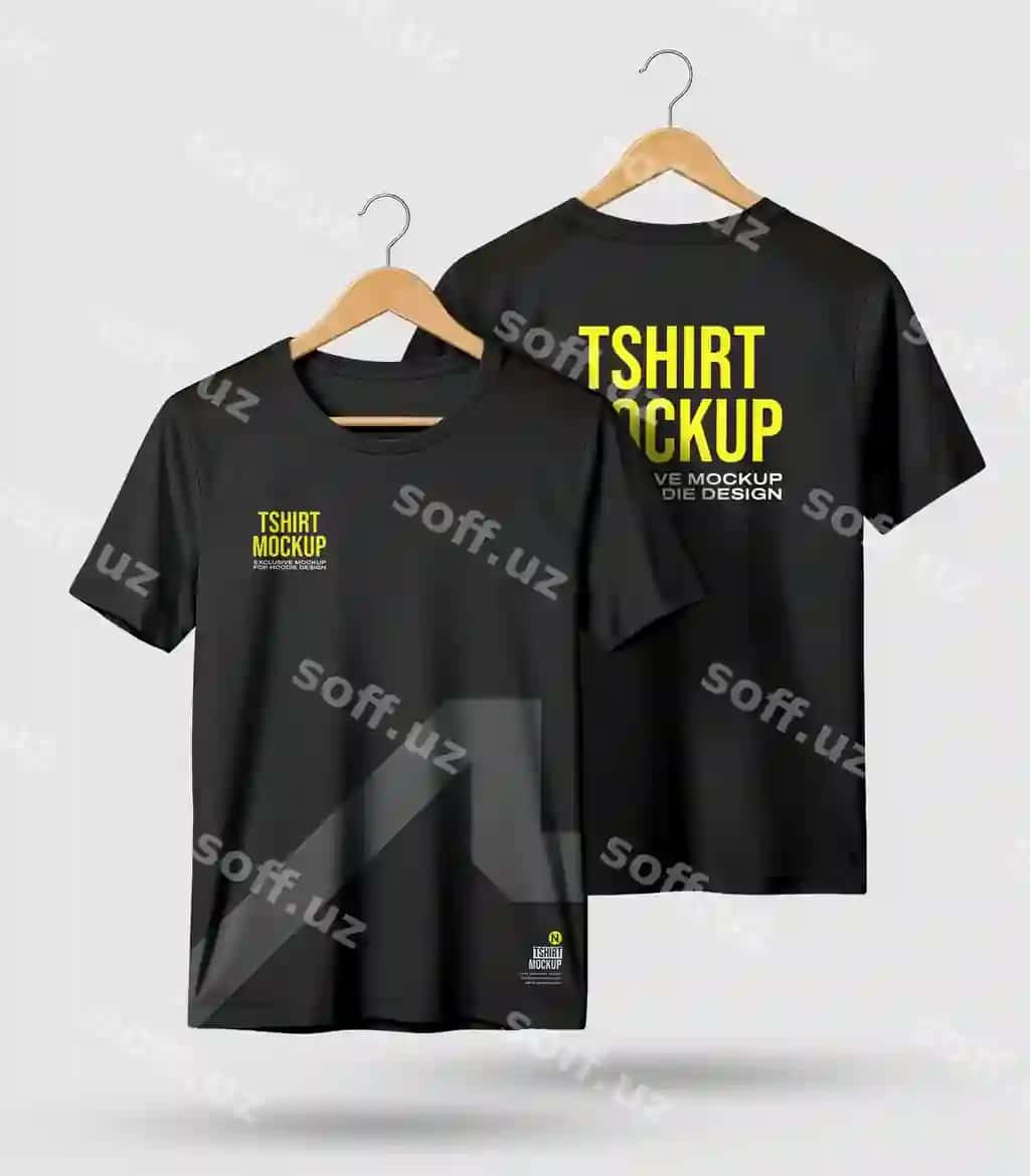 Qora futbolka maketi yog'och ilmoqlar old orqa ko'rinishi | Black t shirt mockup wooden hangers front back view