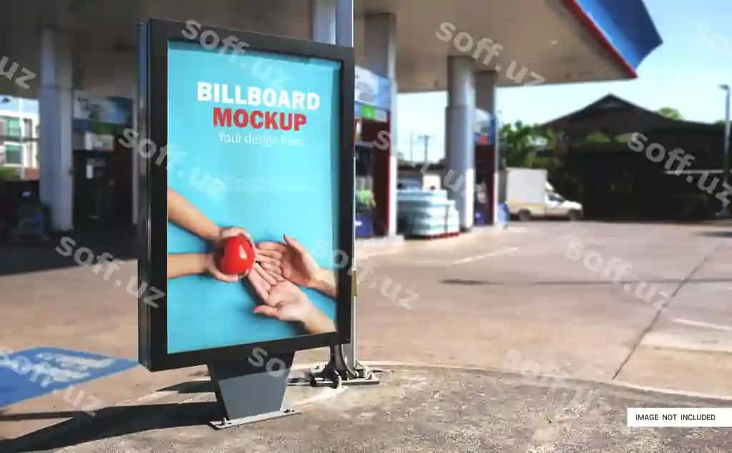 Katta oq bo'sh reklama doskasi namunasi benzin stantsiyasi ichida ko'rsatilgan | Large white blank billboard mockup displayed inside gas station