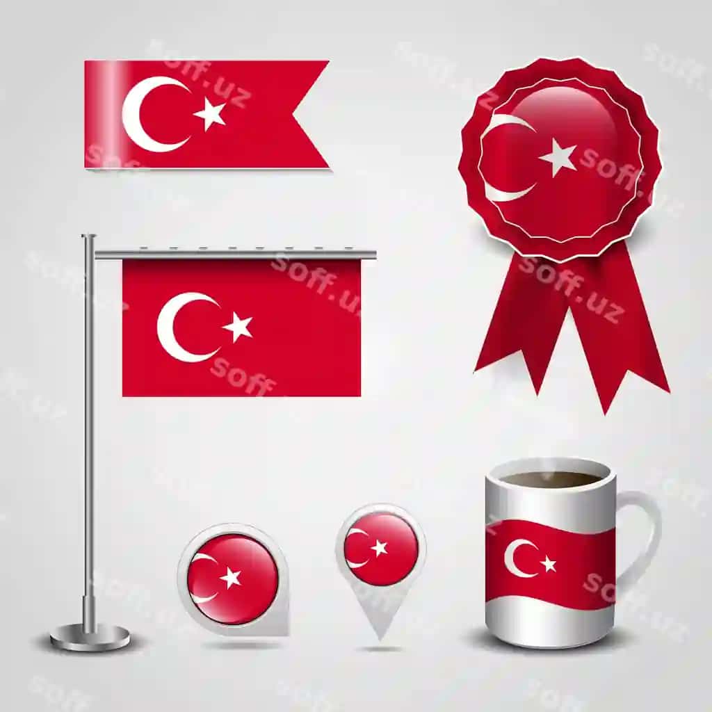 Turkiya bayrog'i vektor dizayn elementlari komplekti | Turkish flag vector design items set