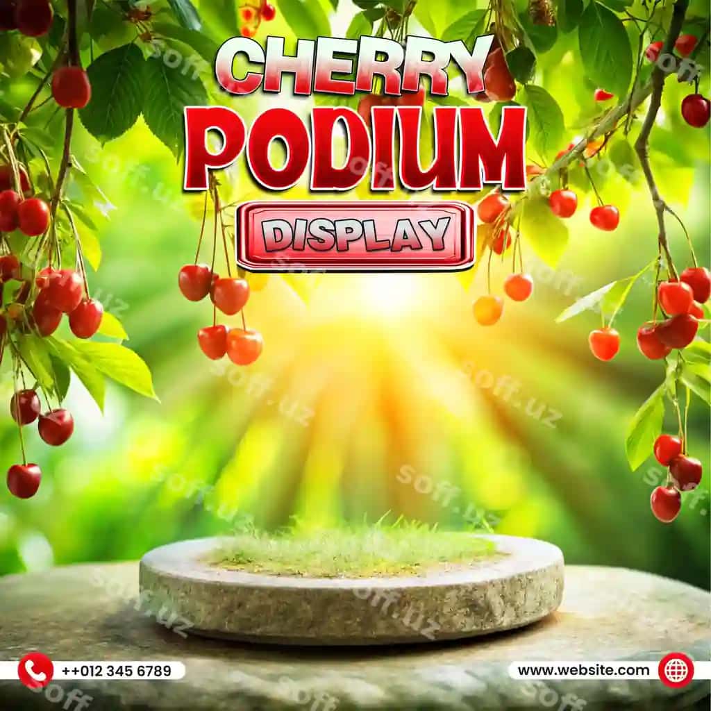 3D realistik gilos podium post fon mahsuloti displeyi | 3d realistic cherry podium post background product display