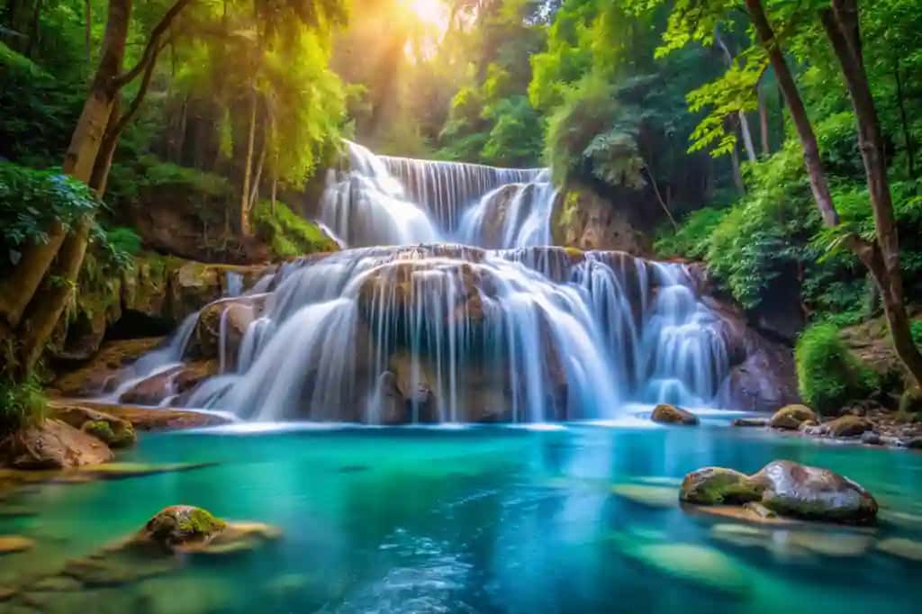 Tropik sharshara Tailand tabiat suratga olish chuchuk suv tog 'daryo yovvoyi yashil o'rmon o'rmon manzarali tinch Osiyo tabiat fon go'zal ko'k suv hovuz | Tropical waterfall thailand nature photography fresh water mountain river wild green jungle forest scenic peaceful asia nature background beautiful blue water pool