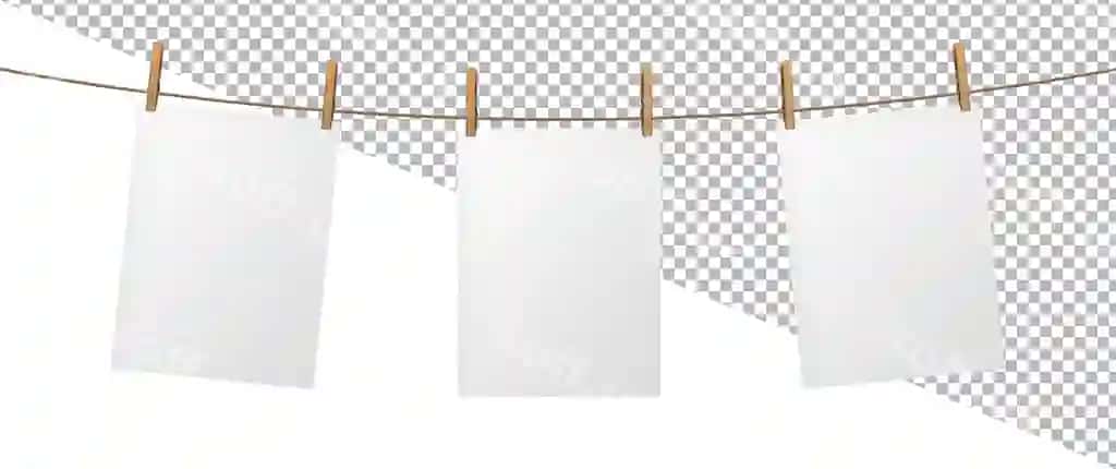 Bo'sh qog'oz varaq asib chollog' ajraltirilgan oq orqa fon posteri | Empty paper sheet hanging rope isolated white background poster
