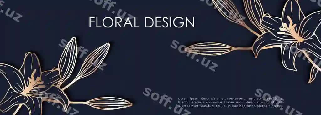 Hashmli gulli dizayn oltin lola gullari bilan qora ko'k orqa fonda | Luxurious floral design with golden lily flowers dark blue background