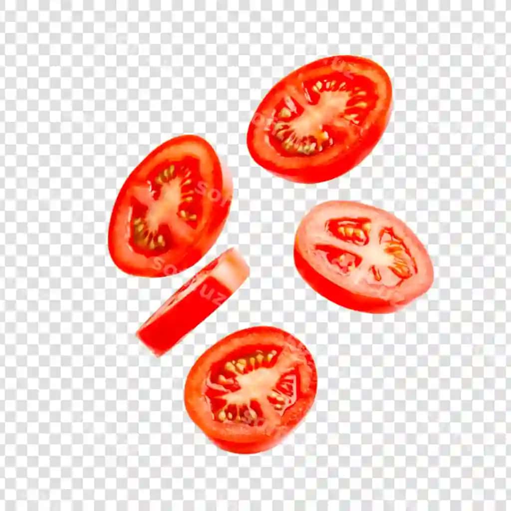 Qizil pomidor uchib flyer orqali tekis fonda chiqarilgan фондан оқуче фонда қўйилган | Red tomato flying isolated transparent background