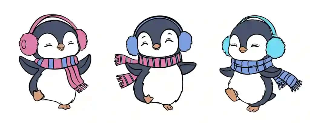 Yoqimli multfilm pingvinlari rang-barang sharflar quloqchinlar qishki rasm | Cute cartoon penguins colorful scarves earmuffs winter illustration