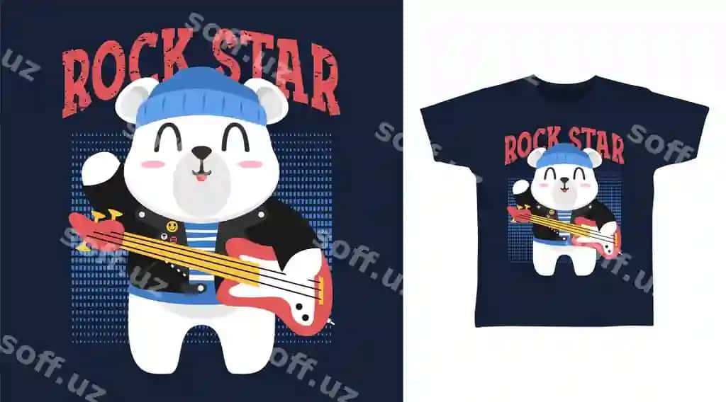 Chiroyli ayiq gitara bilan karyakatur futbolka san'at dizayni | Cute bear with guitar cartoon tshirt art design
