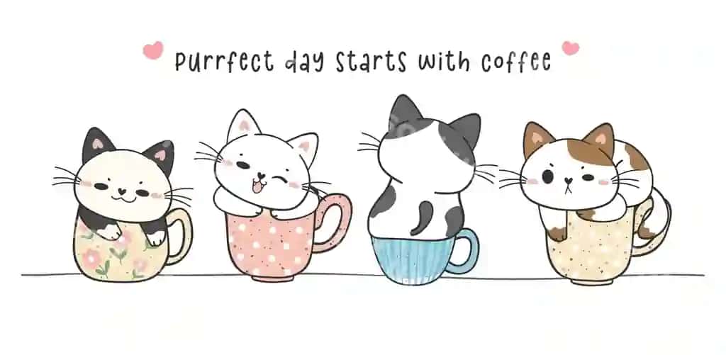 Guruh chiroyli gulismiq puppiyalar mushuklari o'tirgan qahveh, piyola va choy qoshiq to'plami mukammal | Group cute funny kitten cats sitting coffee cup mug collection perfect