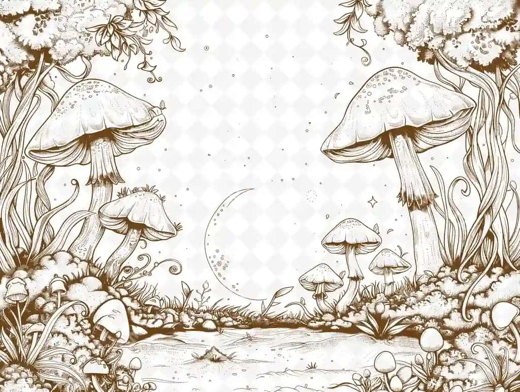 Qozon o'simliklari maydoni hilol yulduzlar bilan | Mushrooms field with moon stars
