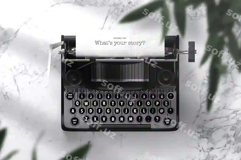 Tahrir qilish mumkin tipewriter yashil barglar bilan psd mockup | Ediatable typewritter with green leaves psd mockup