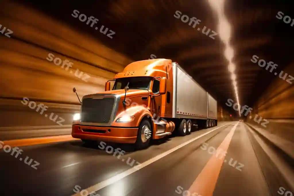 To'q sariq rangli yarim yuk mashinasi tunnel orqali generativ AI tasvirini olib o'tmoqda | Orange semi truck driving through tunnel generative ai image