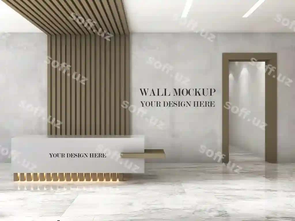 Zamonaviy dizayndagi ofis old stolining devor maketi | Modern design office front desk wall mockup