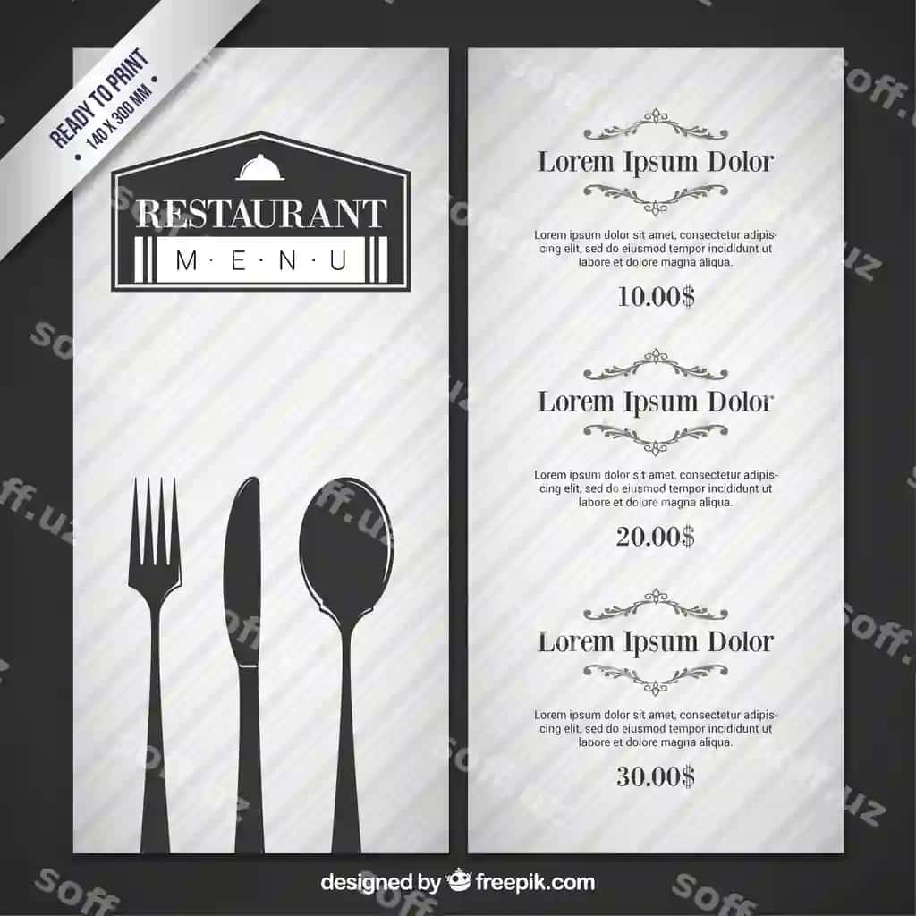 Pichoq-vilkalar bilan kulrang restoran menyusi | Gray restaurant menu with cutlery