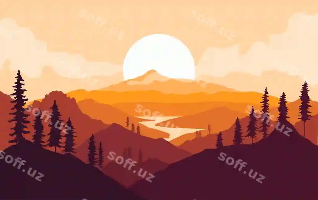 Daraxt siluetlari bilan kuzgi tog'lar manzarasi daryo quyosh botishi | Autumn mountains landscape with tree silhouettes river sunset