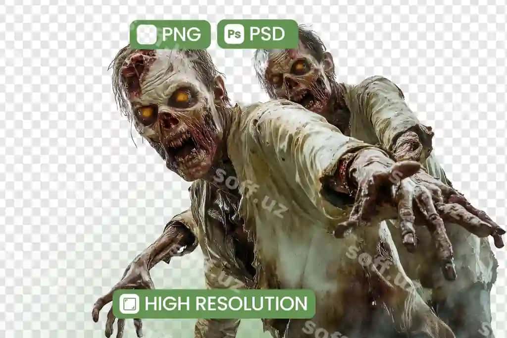 Qorqinchli yuqori rezolyutsiya zombi juftligi png psd fayllarini yuklab olish o'lmasdan yashovchi hosilatlar | Horrifying highresolution zombie duo png psd downloads undead creatures 2