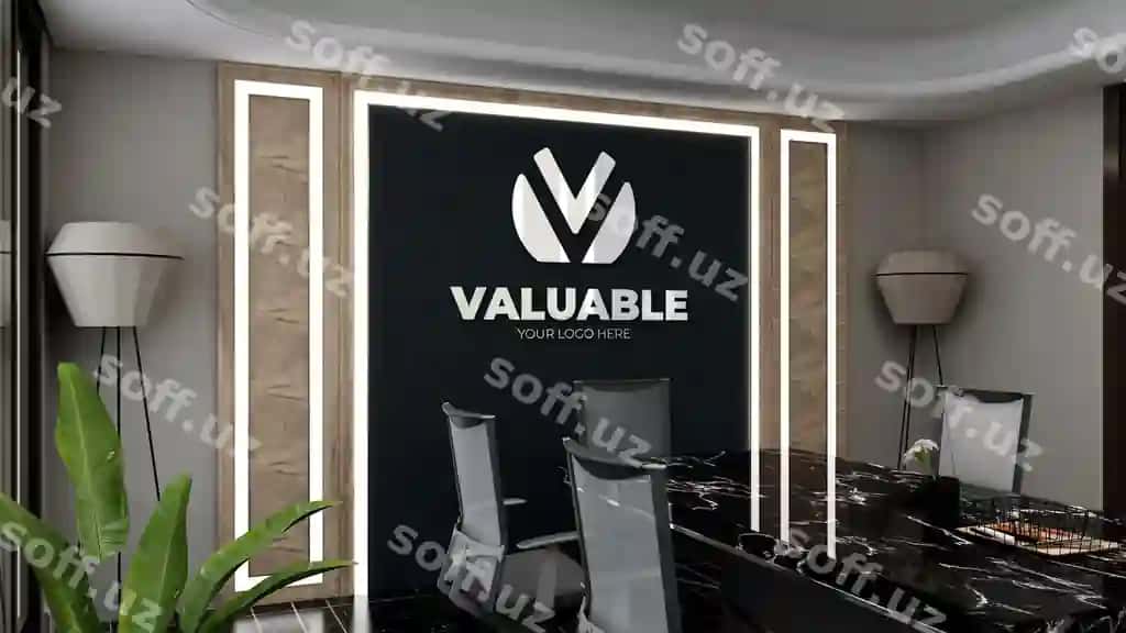 Logotip namunasi ofis uchrashuv xonasi belgisi farovon interyer dizayni | Logo mockup sign office meeting room with luxury interior design