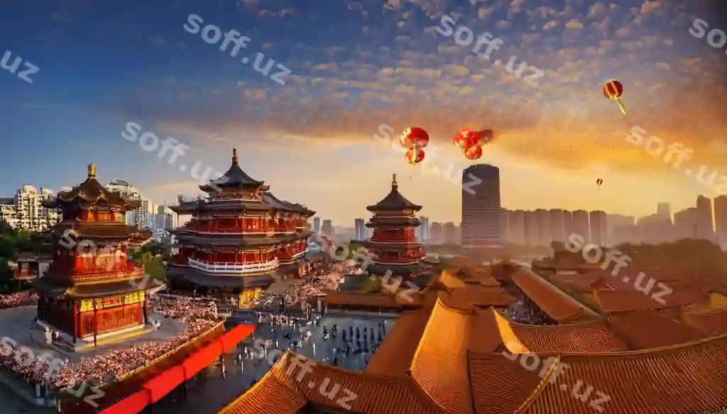 Xitoy binosi Xitoy chiroqlari bilan shahar foni | Chinese structure with chinese lanterns it city background