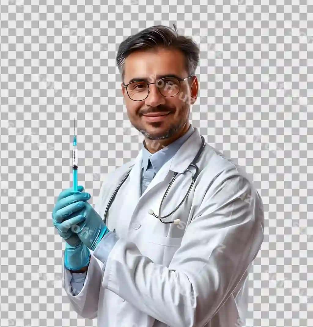 Erkak doktor shprits tutadigan ajraltirilgan shaffof orqa fonda | Male doctor holding syringe isolated transparent background