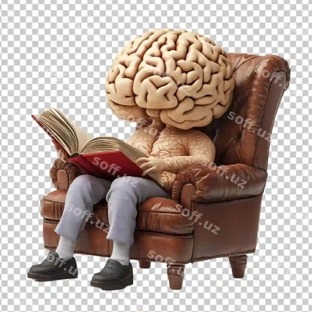 Shaffof fonda inson miyasi qahramonini o'qish kitobining yaqin tasviri | Closeup human brain character reading book while transparent background