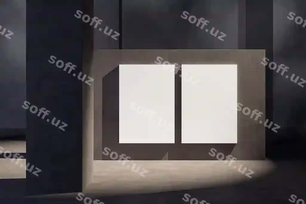 Ikki bo'sh oq poster sizning logotip matbingiz uchun joy qorong'i devor ajratuvchisi abstrakt ko'rgazma zali beton qatlamli 3d render namunasi | Two blank white posters with space your logo text dark wall partition abstract exhibition hall with concrete floor 3d rendering mockup