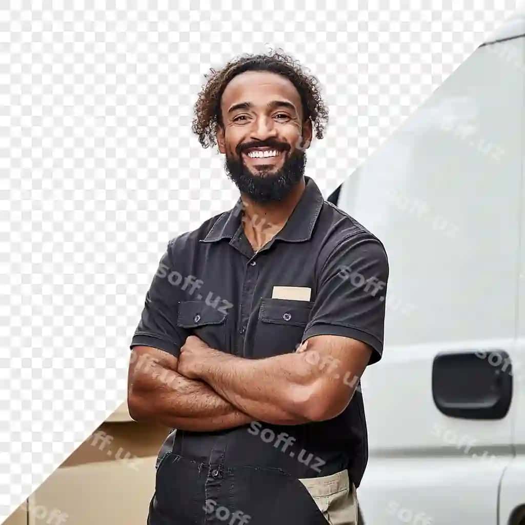 Qo'llarini chalishtirgan oq mikroavtobusli odam | Man with his arms crossed front white van