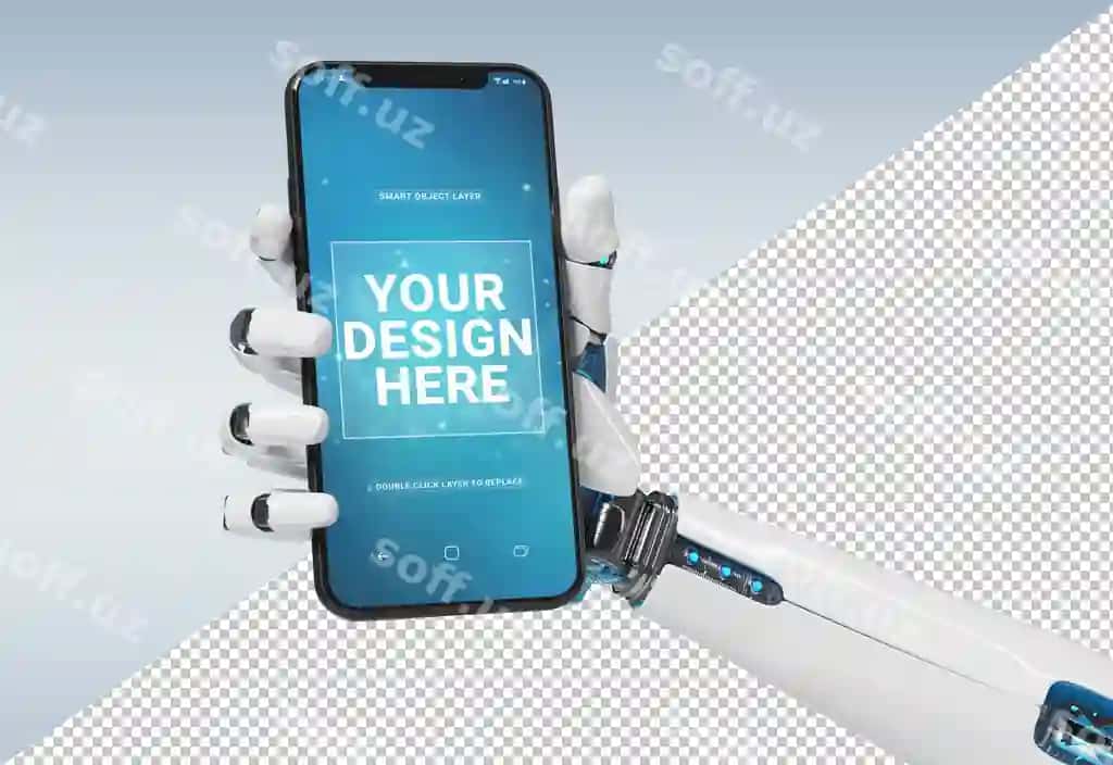 Zamonaviy smartfon maketini ushlab turgan oq robotning qo'lida izolyatsiya qilingan | Isolated white robot hand holding modern smartphone mockup