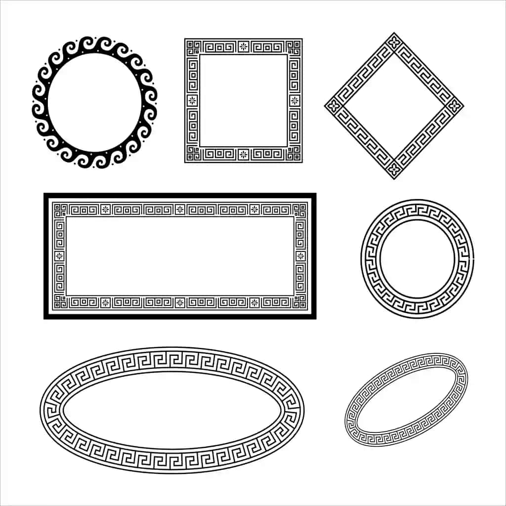 To'plam antiqa geometrik qora chegaralar ramkalar bezaklar oq | Collection antique geometric black borders frames ornaments white