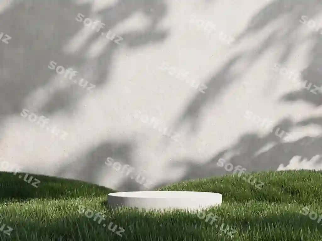 3d render podium yashil chaman soya bilan oq devor | 3d render podium green grass with shadow white wall