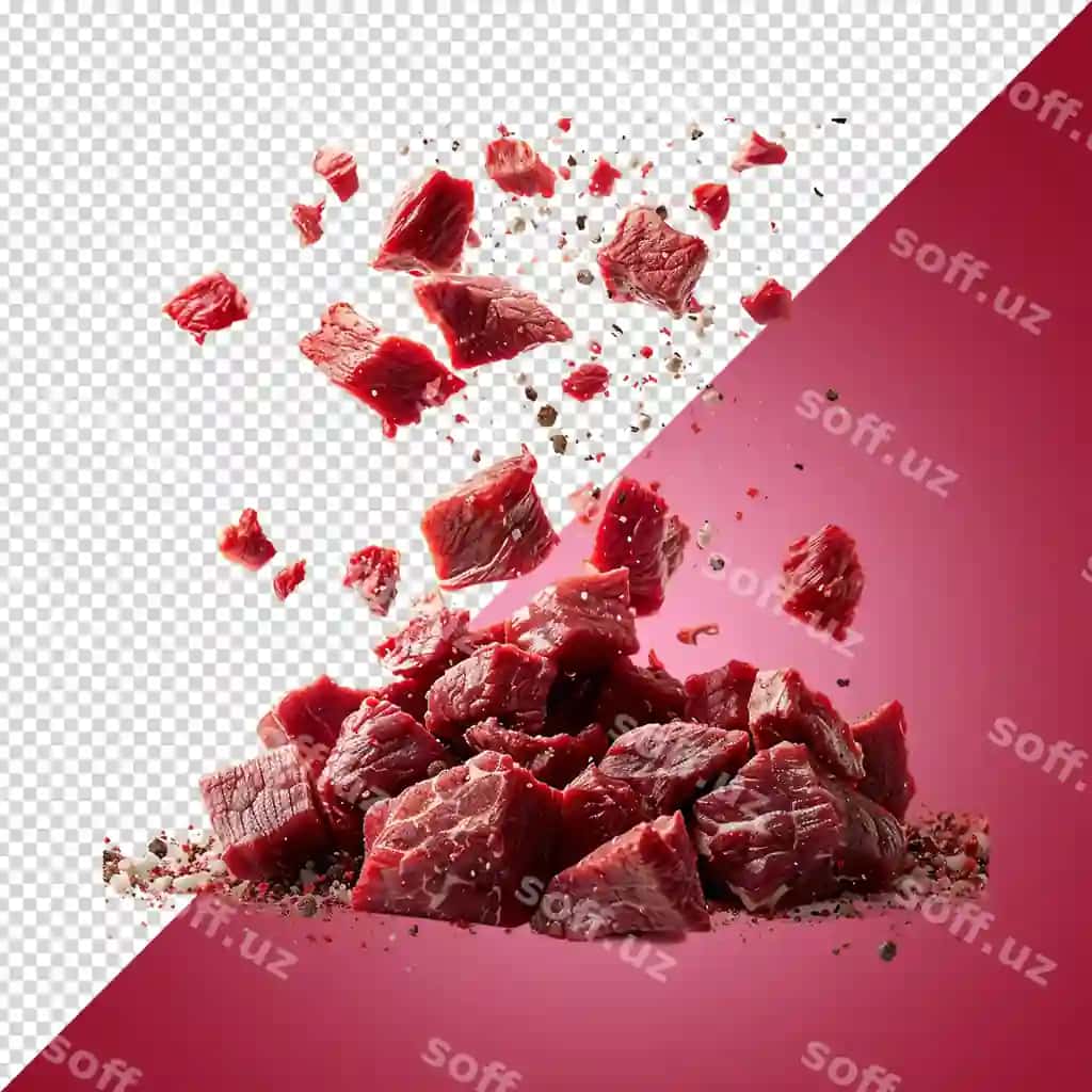 Tushmoqda suzilmoqda qizil pishloq pesto kubiklari ajraltirilgan shaffof fonda | Falling floated red cheese pesto cubes isolated transparent background