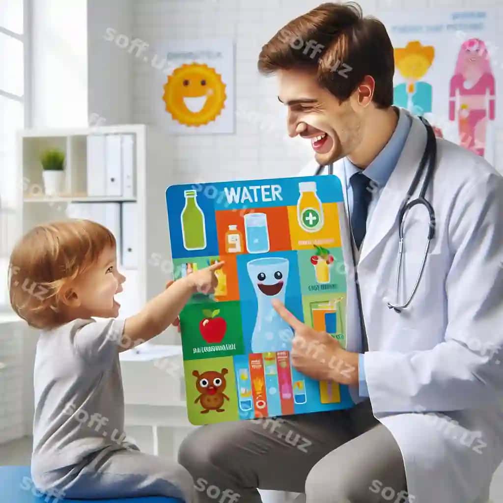 Shifokor bolani suv ichishning muhimligi haqida o'qitayotgan. | Doctor teaching child about importance drinking water