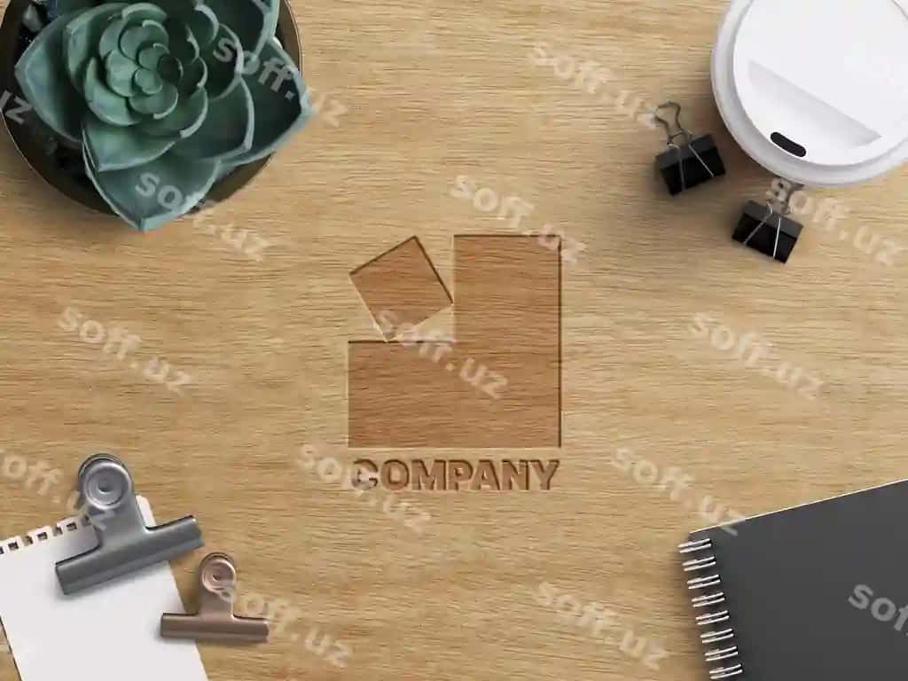 Kompaniya biznes logotipi namuna ish konsepsiyasi oynalangan yog'choi stol bilan | Company business logo mockup work concept carved wooden table with