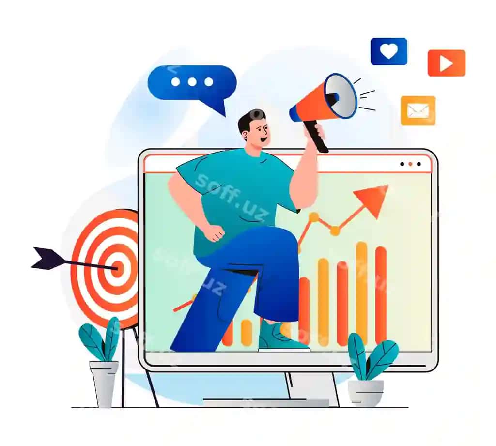 Raqamli marketing kontseptsiyasi megafonli zamonaviy tekis dizayndagi odam | Digital marketing concept modern flat design man with megaphone