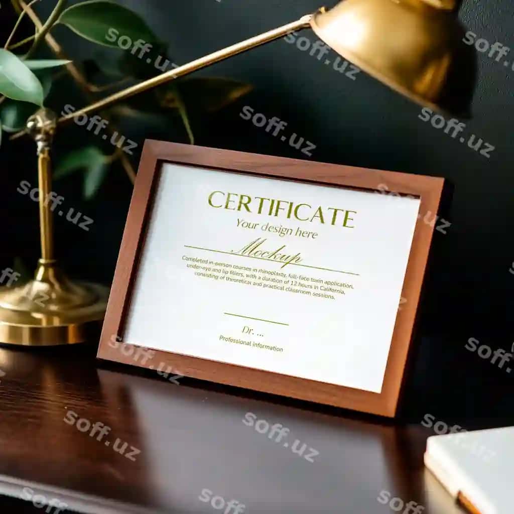 Guvohnoma namunasi minimalistik yog'ochli ramka, nufuzli oltin lampa bilan | Certificate mockup minimalist wooden frame with golden lamp elegant